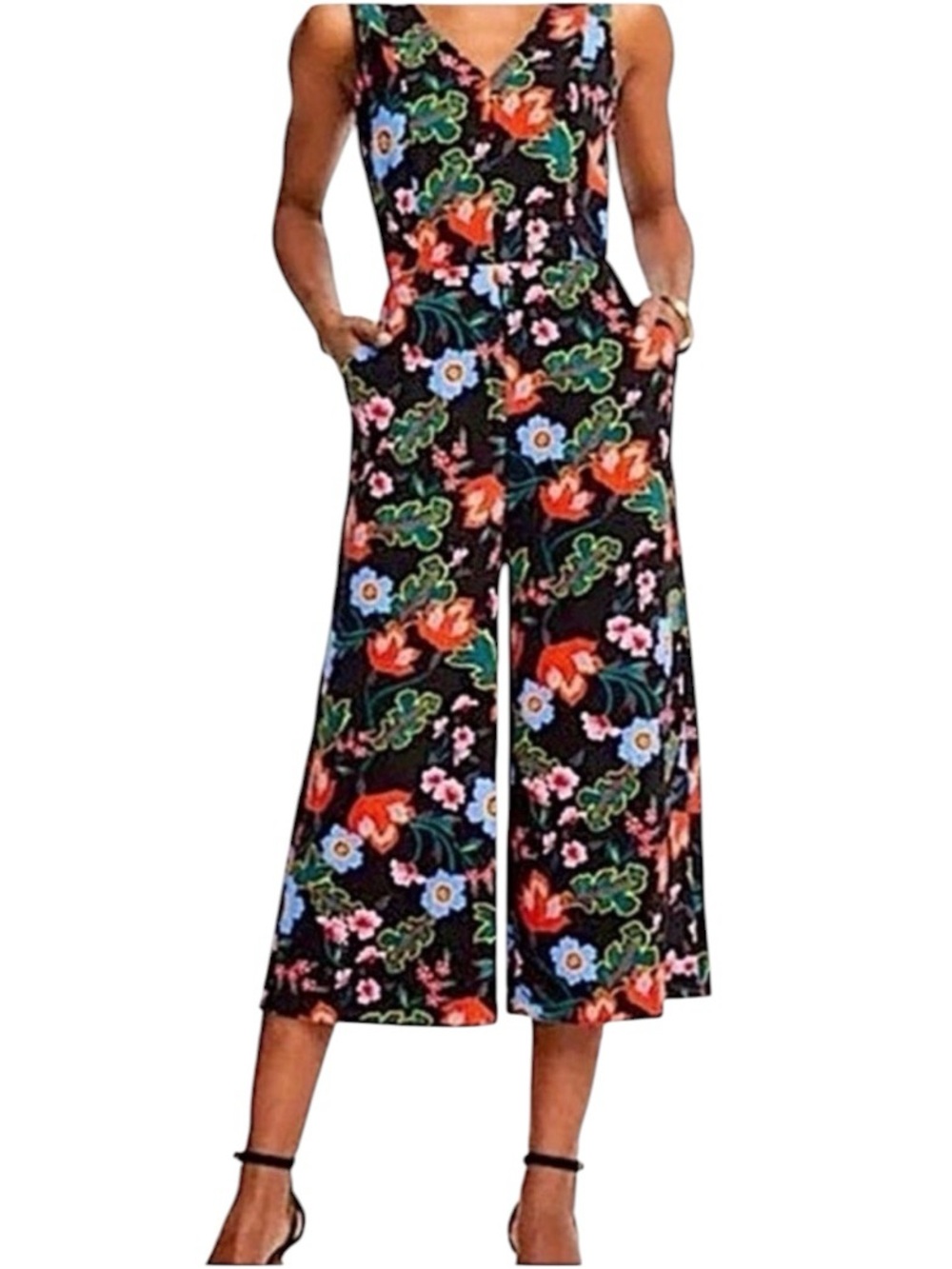NWT Ann Taylor Factory Floral Sleeveless Jumpsuit Wide Leg Black Red 12 Petite